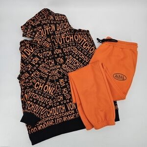 Von Dutch Orange & Black Logo Hoodie Sweatsuit Lounge Set Unisex Style Large